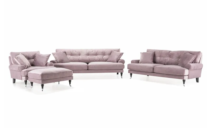Andrew Sofagruppe 3-seter + 2-seter Sofa + Lenestol + Fotskammel i Fløyel, Lilla