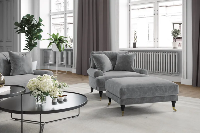 Andrew Sofagruppe 3-seter + 2-seter Sofa + Lenestol + Fotskammel i Fløyel - Lys grå - Møbler - Sofaer - Sofagrupper - Howard sofagruppe
