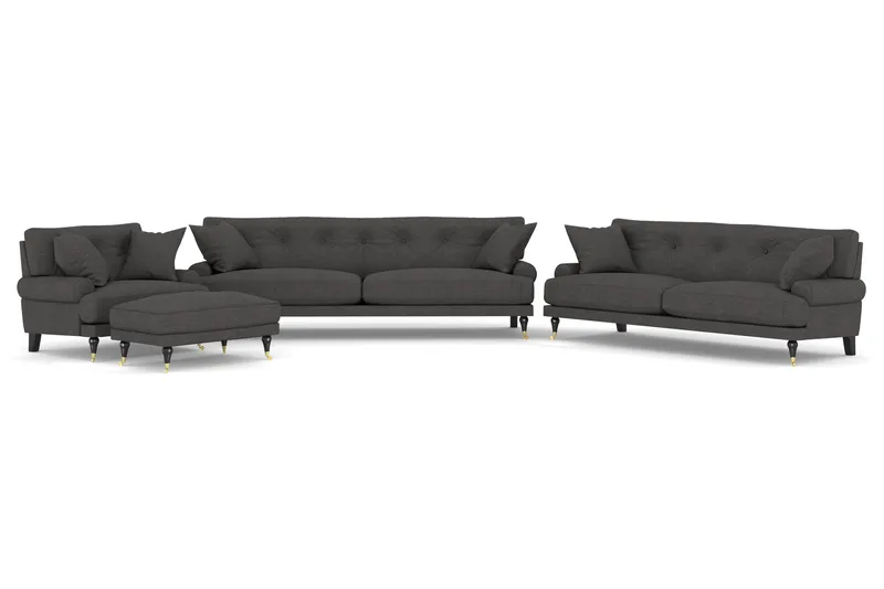 Andrew Sofagruppe 3-seter + 2-seter Sofa + Lenestol + Fotskammel i Fløyel, Mørk grå