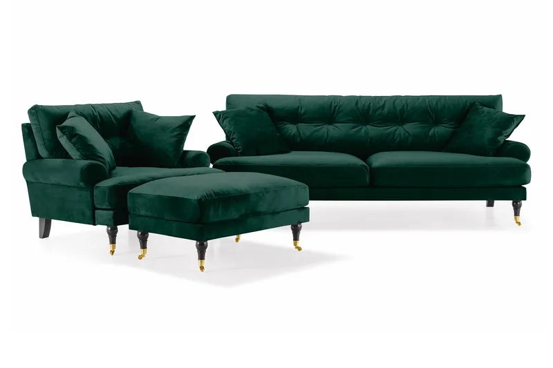Andrew Sofagruppe 3-seter Sofa + Lenestol + Fotskammel i Fløyel - Grønn - Møbler - Sofaer - Sofagrupper - Howard sofagruppe