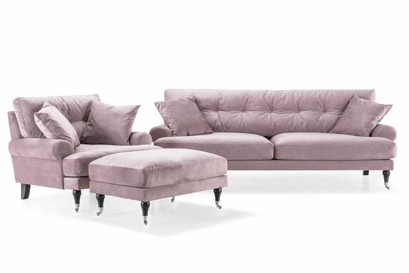 Andrew Sofagruppe 3-seter Sofa + Lenestol + Fotskammel i Fløyel, Lilla