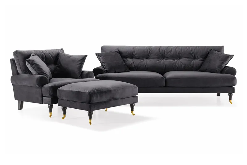 Andrew Sofagruppe 3-seter Sofa + Lenestol + Fotskammel i Fløyel - Mørk grå - Møbler - Sofaer - Sofagrupper - Howard sofagruppe