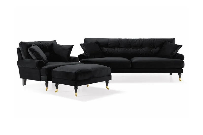 Andrew Sofagruppe 3-seter Sofa + Lenestol + Fotskammel i Fløyel, Svart