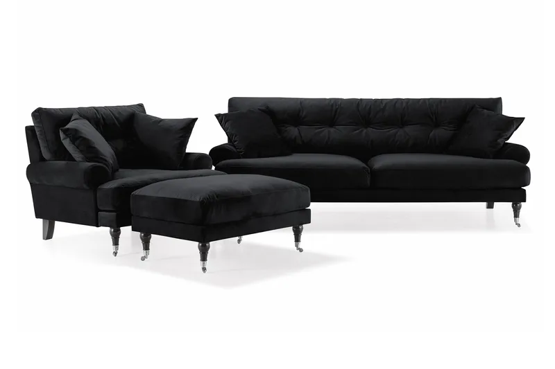 Andrew Sofagruppe 3-seter Sofa + Lenestol + Fotskammel i Fløyel, Svart