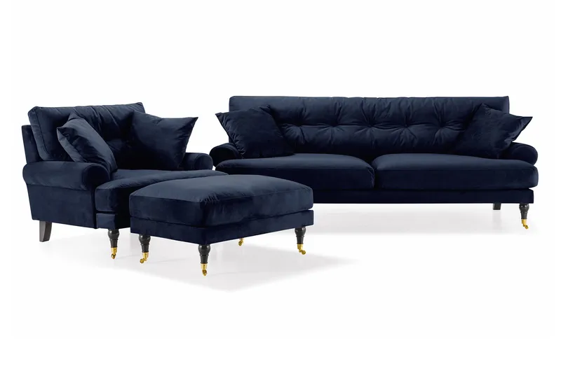 Andrew Sofagruppe 3-seter Sofa + Lenestol + Fotskammel i Fløyel - Blå - Møbler - Sofaer - Sofagrupper - Howard sofagruppe