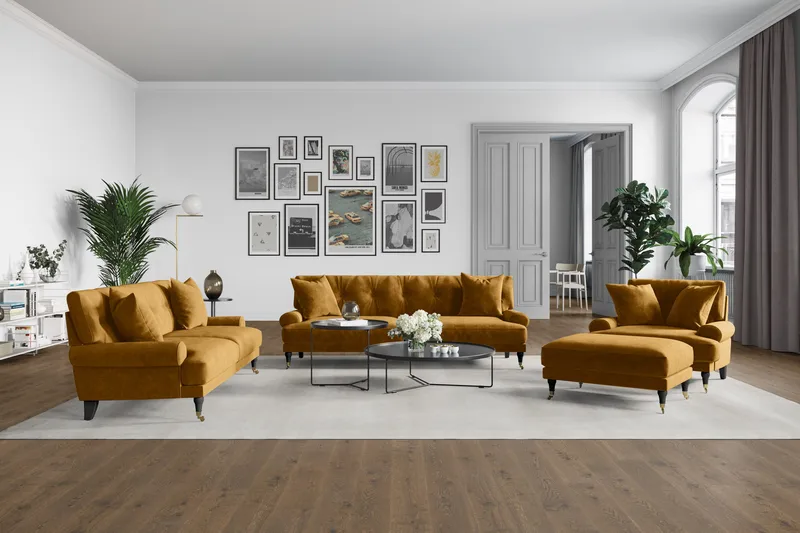 Andrew Sofagruppe 3-seter Sofa + Lenestol + Fotskammel i Fløyel - Mørk gul - Møbler - Sofaer - Sofagrupper - Howard sofagruppe