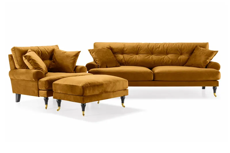 Andrew Sofagruppe 3-seter Sofa + Lenestol + Fotskammel i Fløyel, Mørk gul