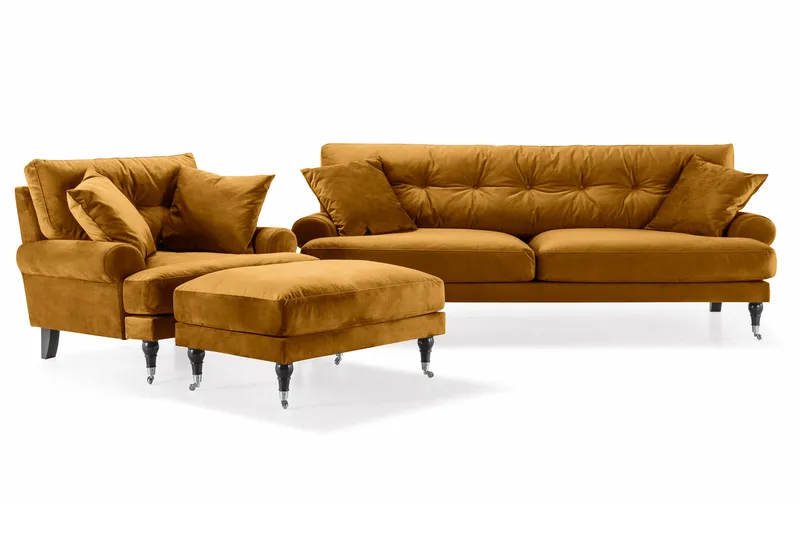 Andrew Sofagruppe 3-seter Sofa + Lenestol + Fotskammel i Fløyel, Mørk gul