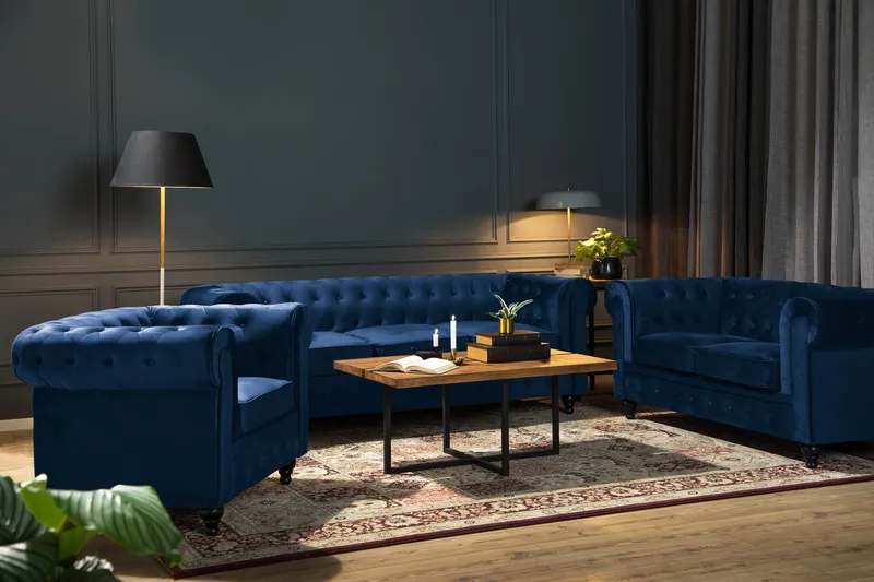 Chesterfield Luksus Sofagruppe 3+2+1 i Fløyel - Blå - Møbler - Sofaer - Sofagrupper - Sofagruppe 3 2 1