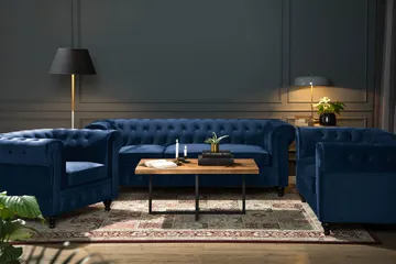 Chesterfield Luksus Sofagruppe 3+2+1 i Fløyel - Mørkeblå / Blå - Møbler - Sofaer - Sofagrupper - Sofagruppe 3 2 1