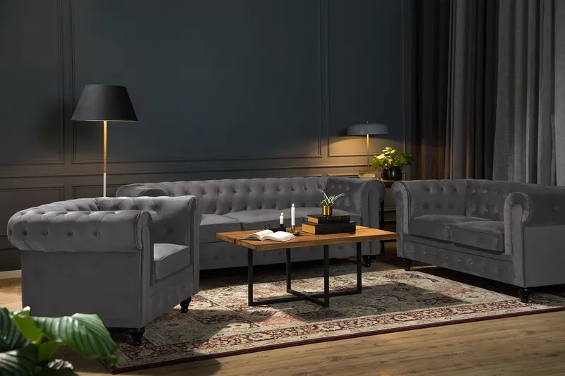 Chesterfield Luksus Sofagruppe 3+2+1 i Fløyel - Mørkgrå / Grå - Møbler - Sofaer - Sofagrupper - Sofagruppe 3 2 1