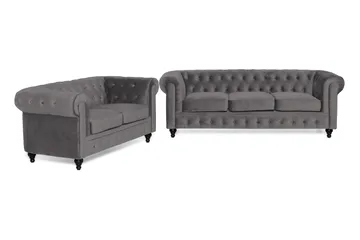 Chesterfield Luksus Sofagruppe 3+2 i Fløyel - Mørkegrå - Møbler - Sofaer - Sofagrupper - Chesterfield sofagruppe