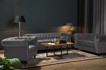 Chesterfield Luksus Sofagruppe 3+2 i Fløyel - Mørkgrå / Grå - Møbler - Sofaer - Sofagrupper - Chesterfield sofagruppe