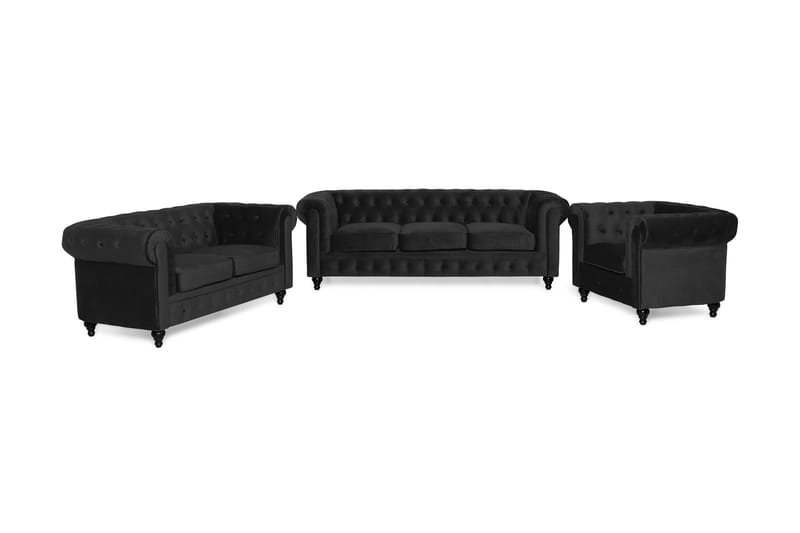 Chesterfield Lyx Moderne Sofagruppe 3+2+1 i Fløyel - Svart - Møbler - Sofaer - Sofagrupper - Sofagruppe 3 2 1