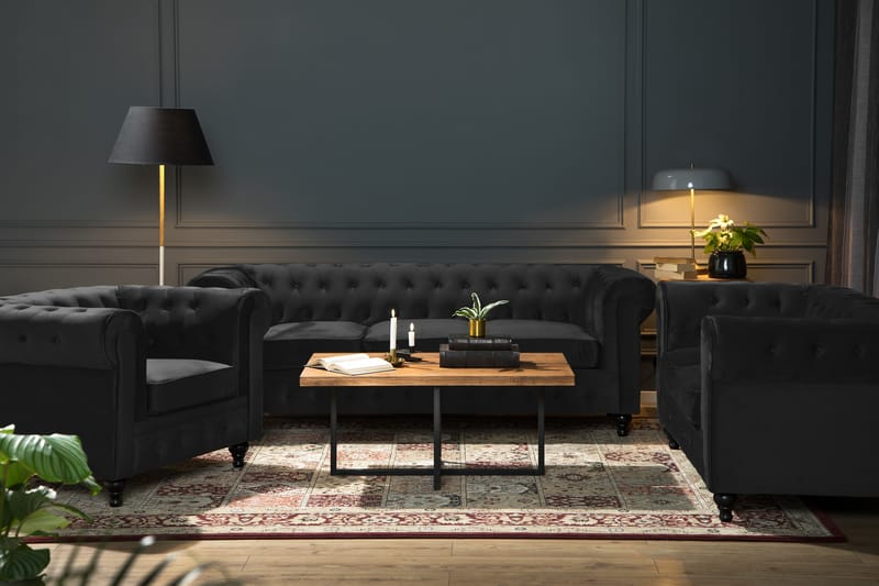 Chesterfield Lyx Moderne Sofagruppe 3+2+1 i Fløyel - Svart - Møbler - Sofaer - Sofagrupper - Sofagruppe 3 2 1