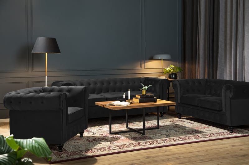 Chesterfield Lyx Moderne Sofagruppe 3+2+1 i Fløyel - Svart - Møbler - Sofaer - Sofagrupper - Sofagruppe 3 2 1