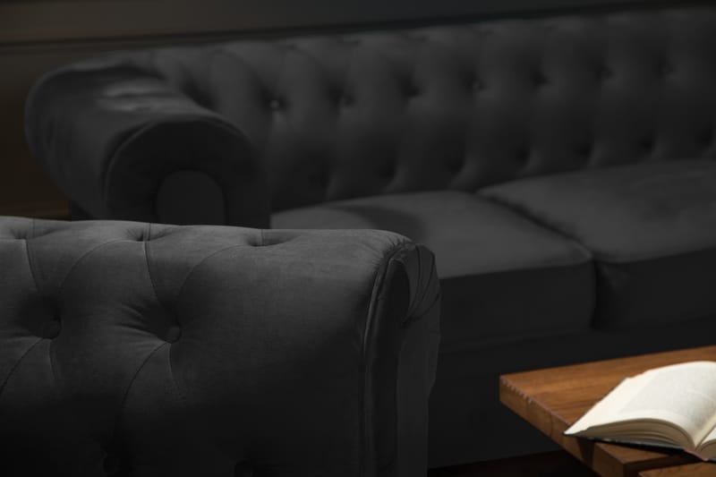 Chesterfield Lyx Moderne Sofagruppe 3+2+1 i Fløyel - Svart - Møbler - Sofaer - Sofagrupper - Sofagruppe 3 2 1