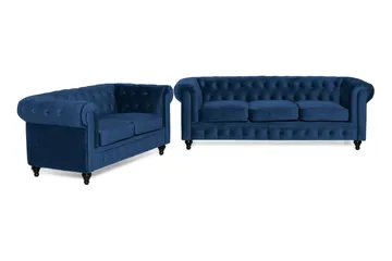 Chesterfield Lyx Sofagruppe 2-seter+3-seter Fløyel - Blå - Møbler - Sofaer - Sofagrupper - Chesterfield sofagruppe