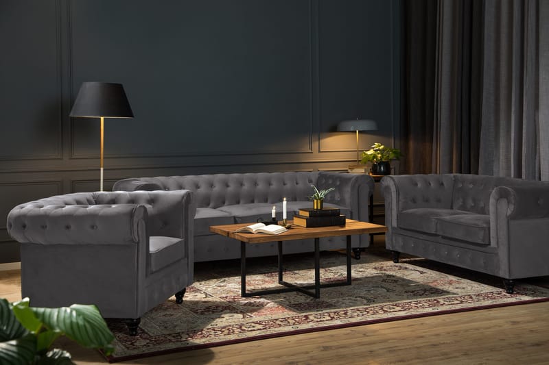 Chesterfield Lyx Sofagruppe 2-seter+Lenestol Fløyel - Grå - Møbler - Sofaer - Sofagrupper - Chesterfield sofagruppe