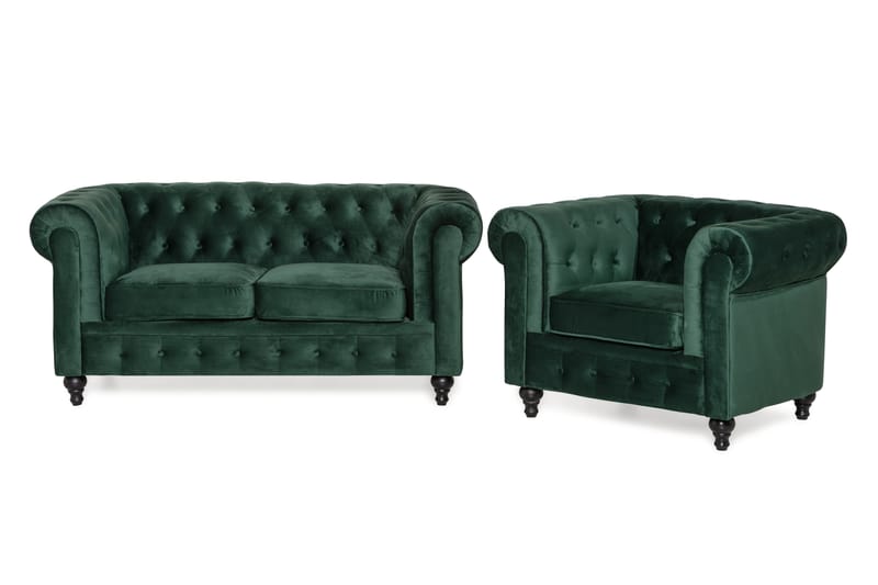 Chesterfield Lyx Sofagruppe 2-seter+Lenestol Fløyel - Mørkgrønn - Møbler - Sofaer - Sofagrupper - Chesterfield sofagruppe