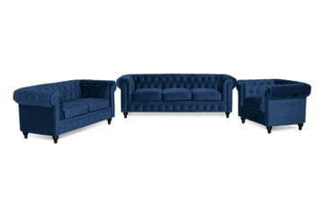 Chesterfield Lyx Sofagruppe 3+2+1 i Fløyel - Blå - Møbler - Sofaer - Sofagrupper - Sofagruppe 3 2 1