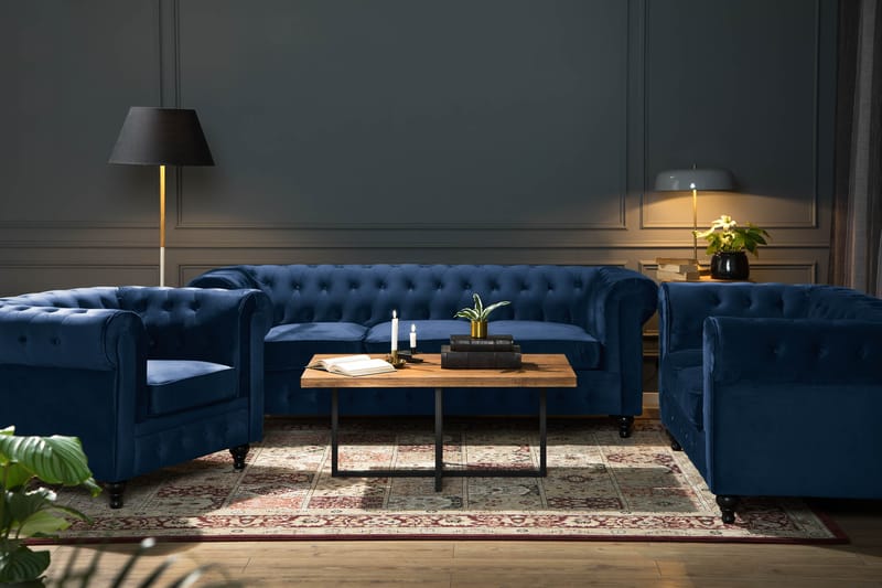Chesterfield Lyx Sofagruppe 3+2+1 i Fløyel - Blå - Møbler - Sofaer - Sofagrupper - Sofagruppe 3 2 1