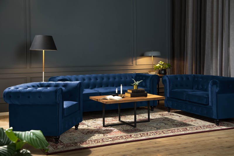 Chesterfield Lyx Sofagruppe 3+2+1 i Fløyel - Blå - Møbler - Sofaer - Sofagrupper - Sofagruppe 3 2 1