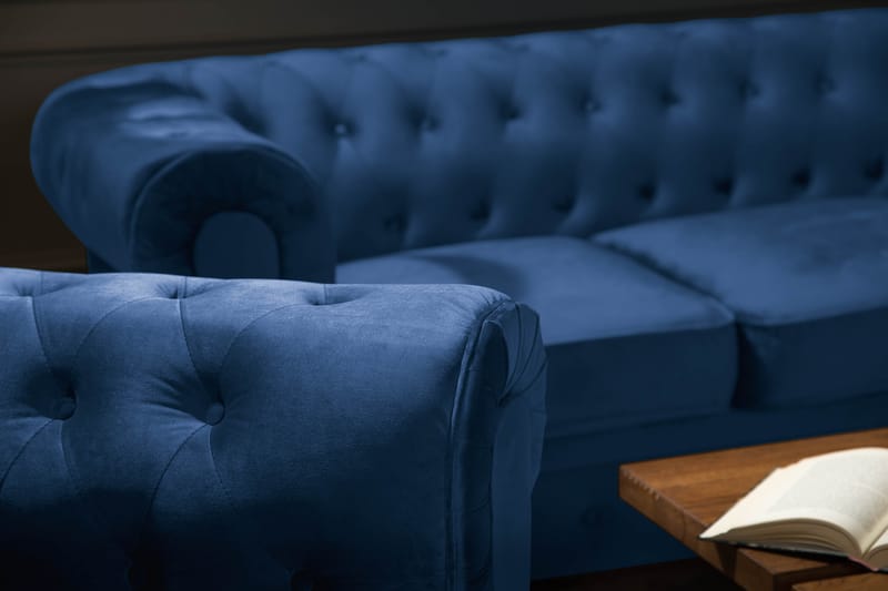 Chesterfield Lyx Sofagruppe 3+2+1 i Fløyel - Blå - Møbler - Sofaer - Sofagrupper - Sofagruppe 3 2 1