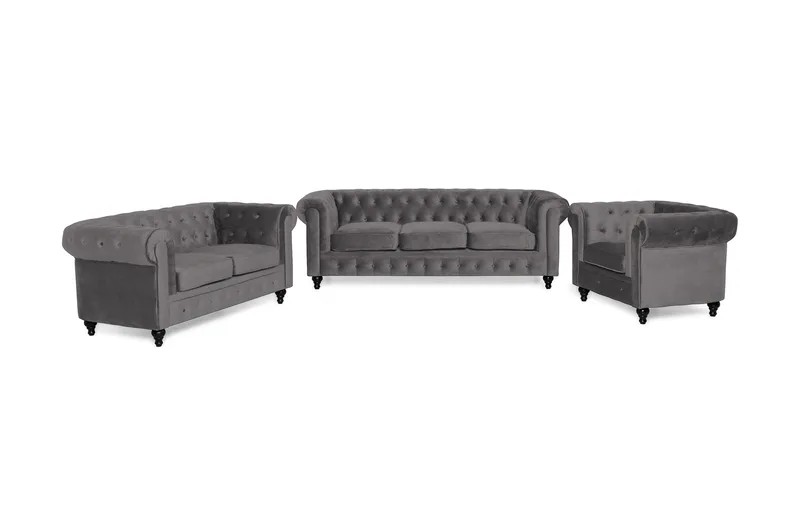 Chesterfield Lyx Sofagruppe 3+2+1 i Fløyel, Grå