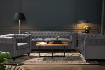 Chesterfield Lyx Sofagruppe 3+2+1 i Fløyel - Mørkgrå - Møbler - Sofaer - Sofagrupper - Sofagruppe 3 2 1