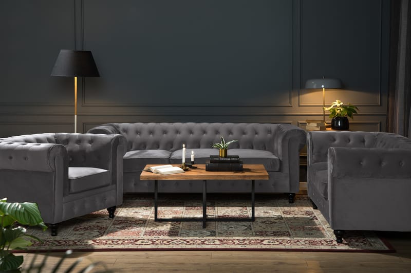 Chesterfield Lyx Sofagruppe 3+2+1 i Fløyel - Mørkgrå - Møbler - Sofaer - Sofagrupper - Sofagruppe 3 2 1