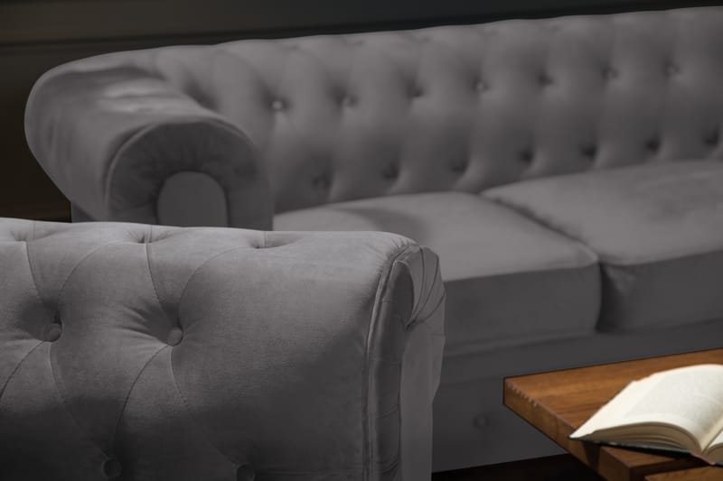 Chesterfield Lyx Sofagruppe 3+2+1 i Fløyel - Mørkgrå - Møbler - Sofaer - Sofagrupper - Sofagruppe 3 2 1