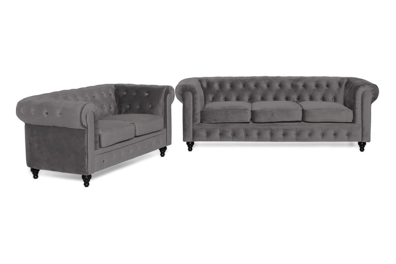 Chesterfield Lyx Sofagruppe 3+2 i Fløyel - Mørkgrå - Møbler - Sofaer - Sofagrupper - Chesterfield sofagruppe