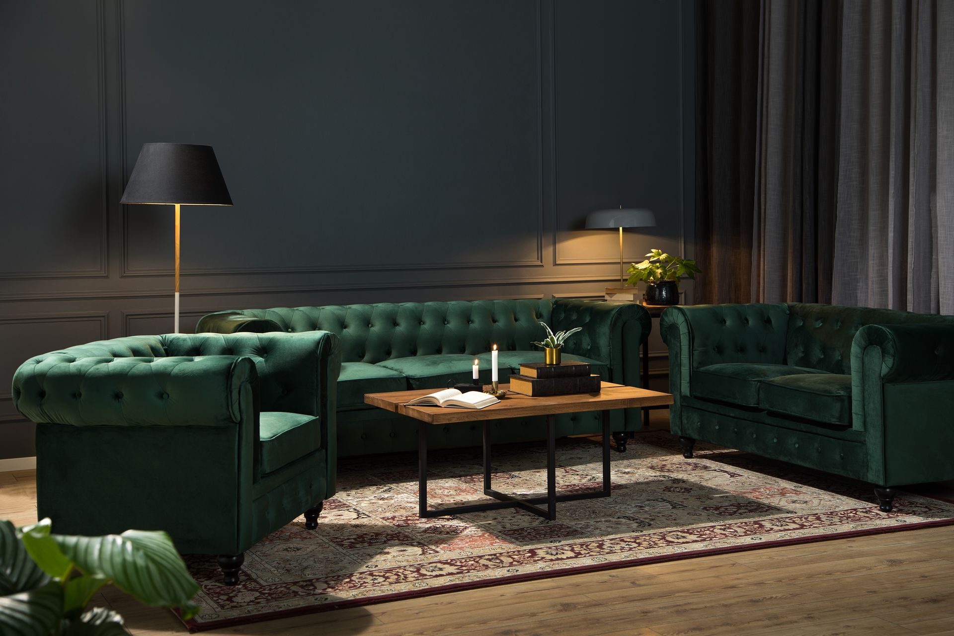 Chesterfield Lyx Sofagruppe 3+2 i Fløyel - Mørkgrønn - Møbler - Sofaer - Sofagrupper - Chesterfield sofagruppe