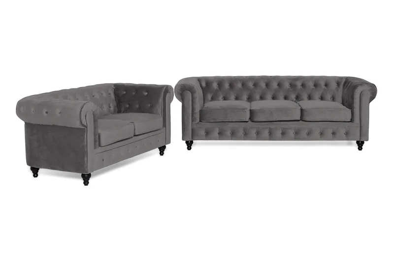 Chesterfield Luksus Sofagruppe 3+2 i Fløyel, Mørkegrå