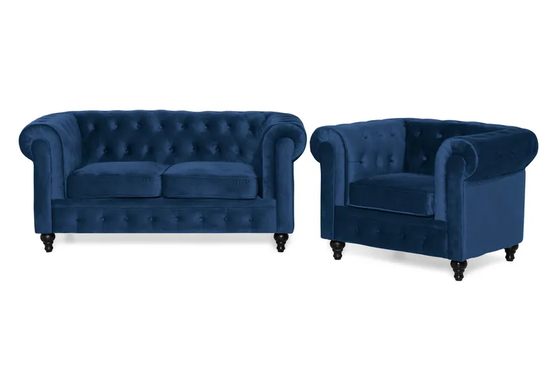 Chesterfield Lyx Sofagruppe 2-seter+Lenestol Fløyel, Blå