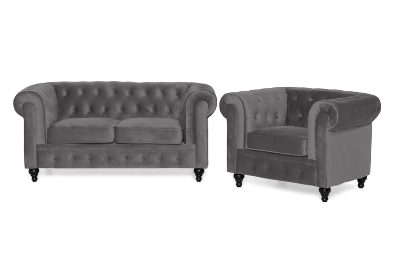 Chesterfield Lyx Sofagruppe 2-seter+Lenestol Fløyel - Mørkgrå - Møbler - Sofaer - Sofagrupper - Chesterfield sofagruppe