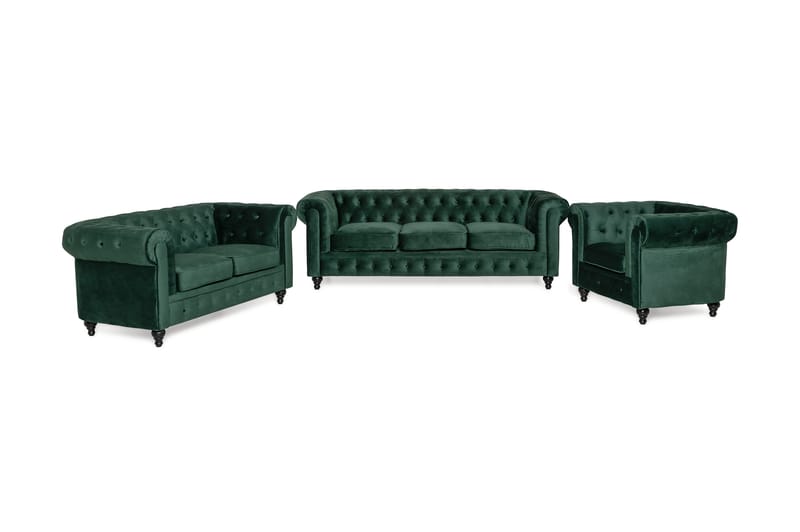 Chesterfield Lyx Sofagruppe 3+2+1 i Fløyel - Mørkgrønn - Møbler - Sofaer - Sofagrupper - Sofagruppe 3 2 1