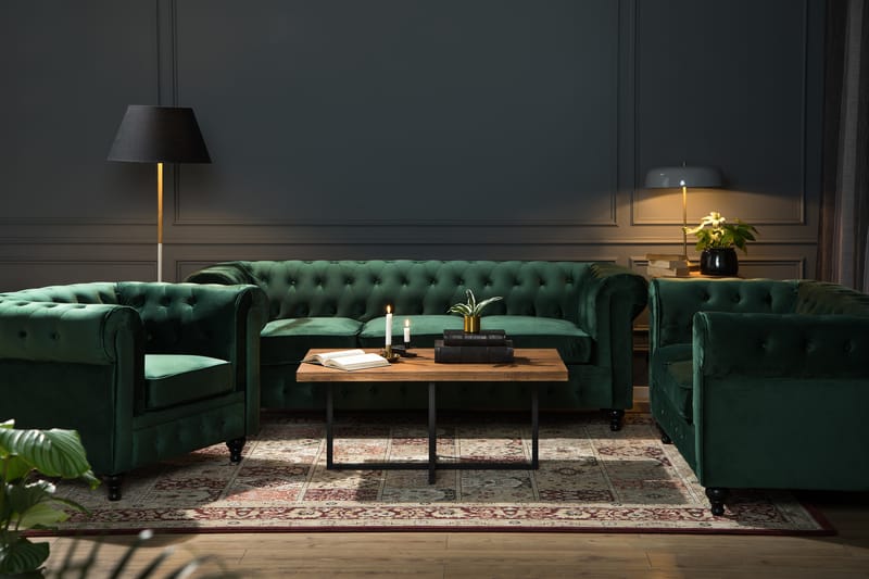 Chesterfield Lyx Sofagruppe 3+2+1 i Fløyel - Mørkgrønn - Møbler - Sofaer - Sofagrupper - Sofagruppe 3 2 1