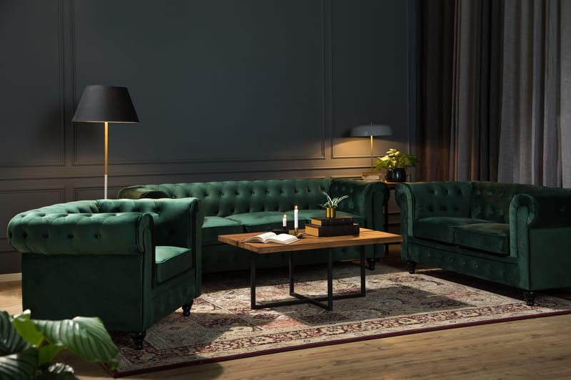 Chesterfield Lyx Sofagruppe 3+2+1 i Fløyel - Mørkgrønn - Møbler - Sofaer - Sofagrupper - Sofagruppe 3 2 1