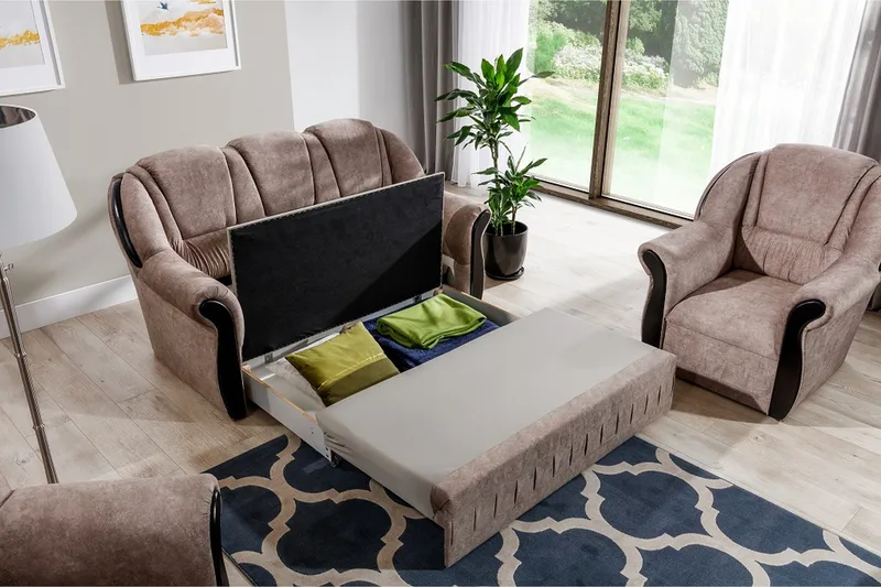 Fica Sofagruppe Sovesofa + 2 Lenestoler - Lær/Lysebrun - Møbler - Sofaer - Sofagrupper