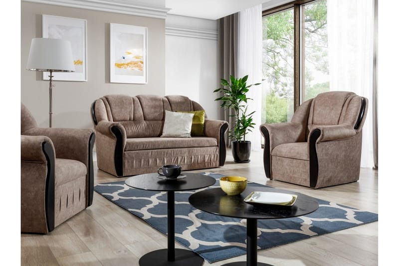 Fica Sofagruppe Sovesofa + 2 Lenestoler - Lær/Lysebrun - Møbler - Sofaer - Sofagrupper