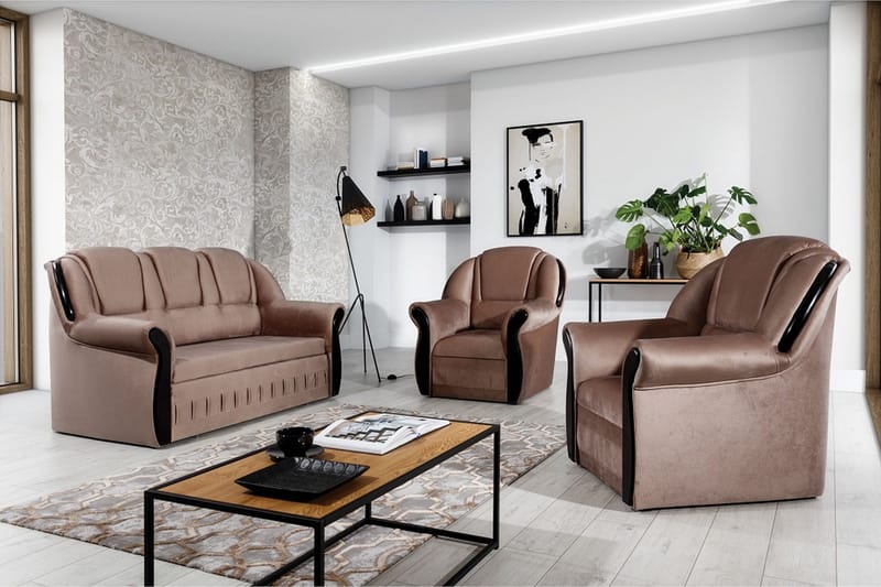 Fica Sofagruppe Sovesofa + 2 Lenestoler, Lær/Lysebrun