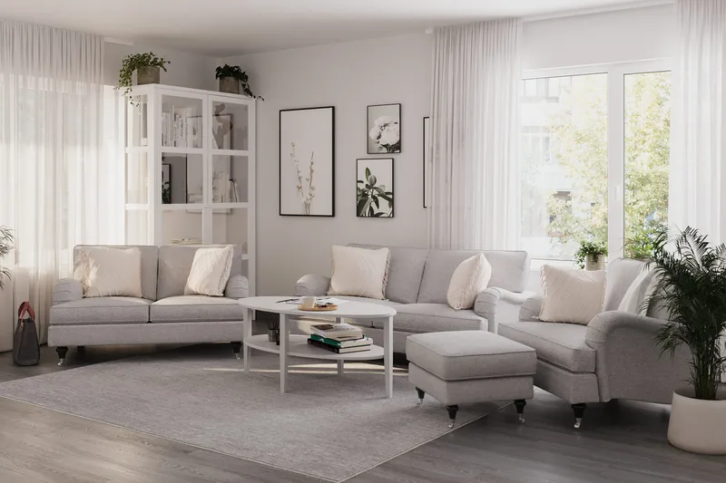 Howard Classic Sofagruppe 2-seters + Liten 2-seters Sofa + Lenestol + Fotskammel i Stoff - Grå - Møbler - Sofaer - Sofagrupper - Howard sofagruppe