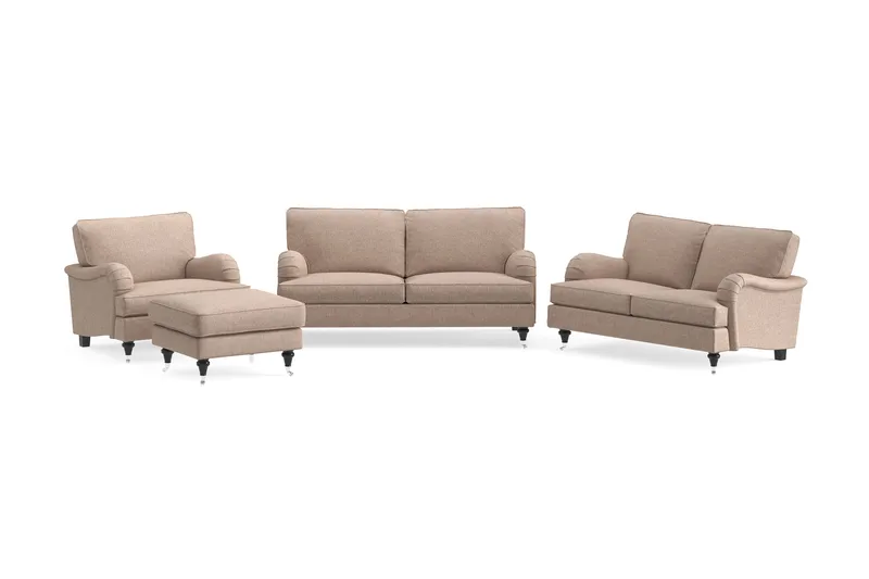 Howard Classic Sofagruppe 2-seters + Liten 2-seters Sofa + Lenestol + Fotskammel i Stoff - Mørk beige - Møbler - Sofaer - Sofagrupper - Howard sofagruppe