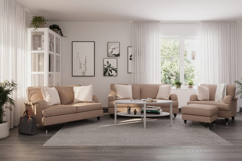 Howard Classic Sofagruppe 2-seters + Liten 2-seters Sofa + Lenestol + Fotskammel i Stoff - Mørk beige - Møbler - Sofaer - Sofagrupper - Howard sofagruppe