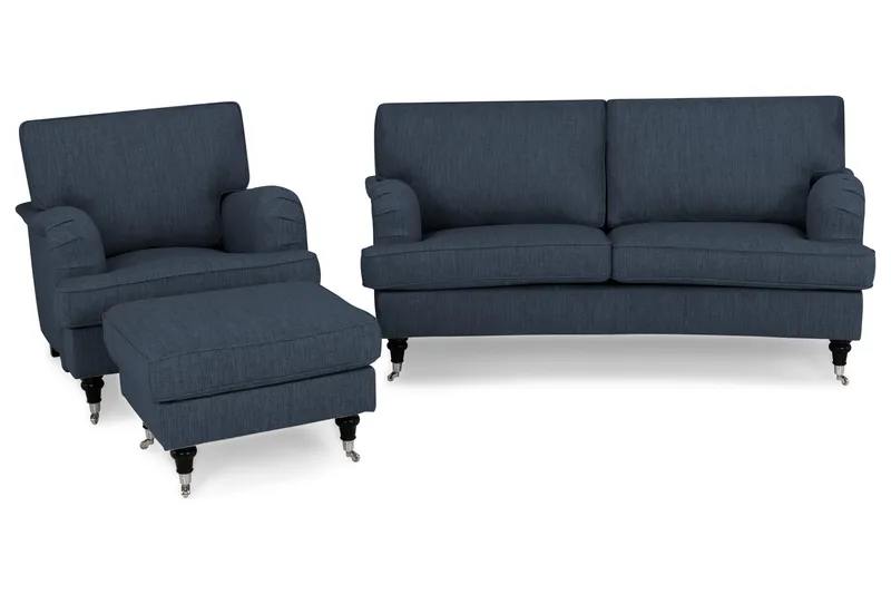 Howard Classic Sofagruppe 2-seters Buet Sofa + Lenestol + Fotskammel i Stoff - Blå - Møbler - Sofaer - Sofagrupper - Chesterfield sofagruppe