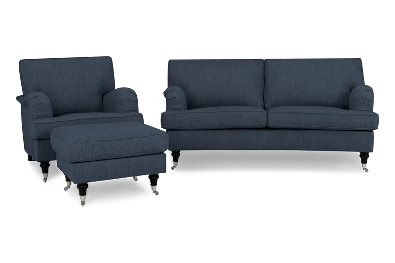 Howard Classic Sofagruppe 2-seters Buet Sofa + Lenestol + Fotskammel i Stoff, Blå