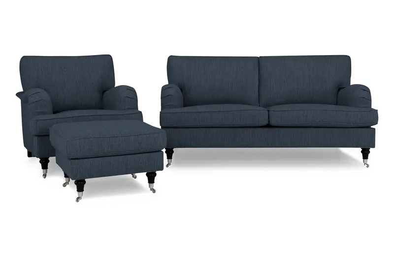 Howard Classic Sofagruppe 2-seters Sofa + Lenestol + Fotskammel i Stoff, Blå