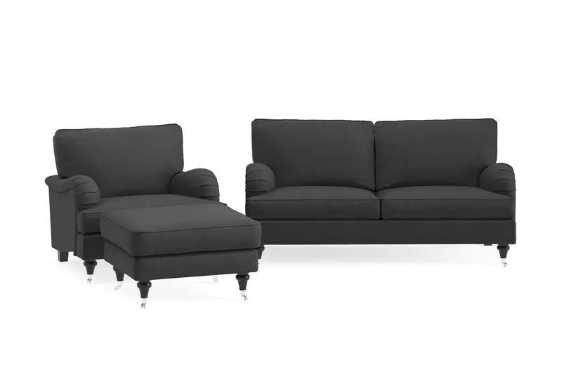 Howard Classic Sofagruppe 2-seters Sofa + Lenestol + Fotskammel i Stoff, Mørk grå